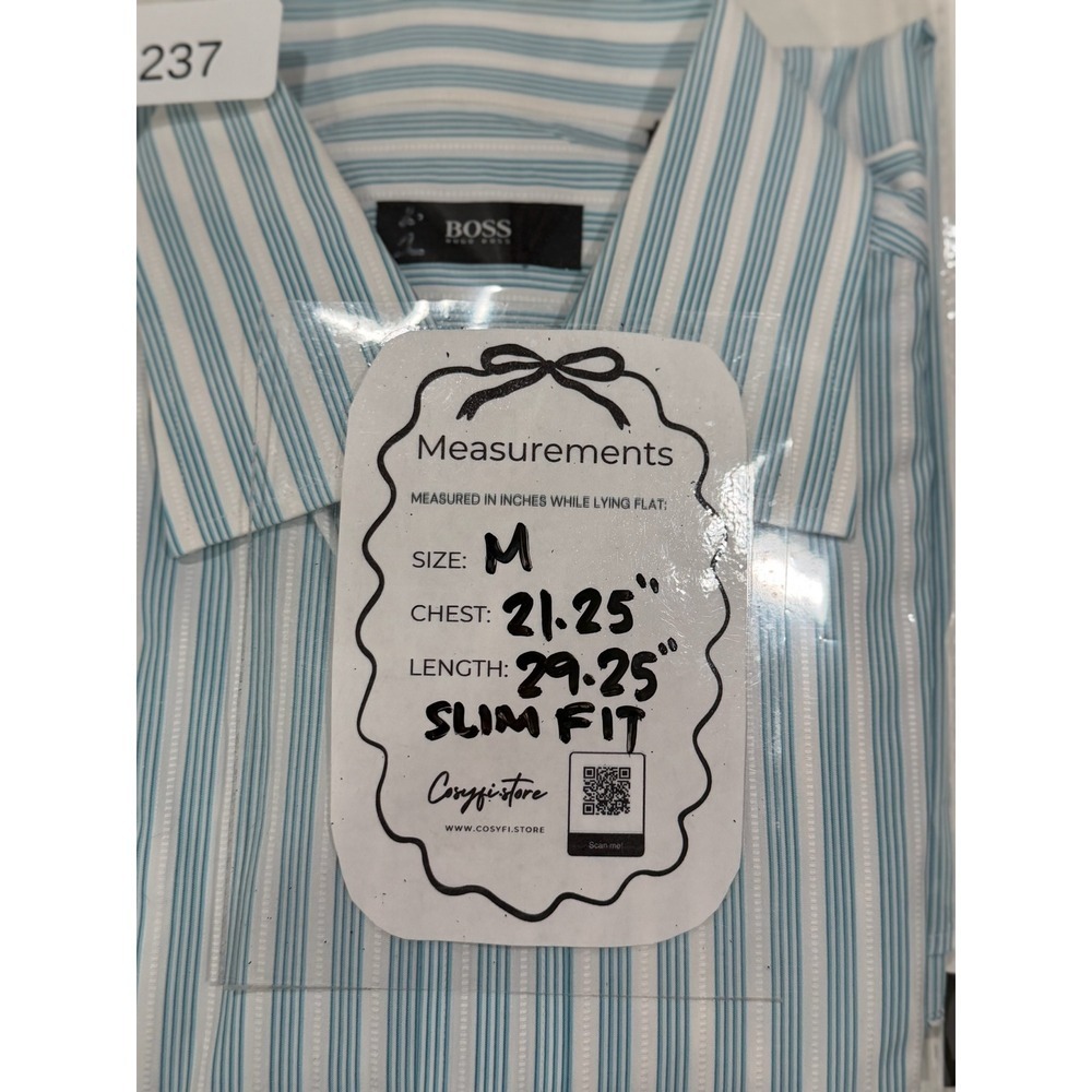 Hugo Boss Mens Teal White Striped Cotton Dress Shirt 15.5 32/33 Long Sleeve - Picture 12 of 12